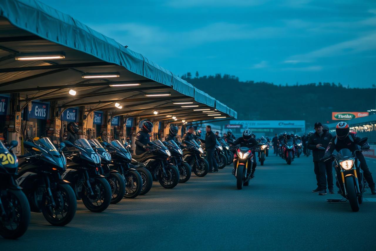 Paddock moto au crépuscule